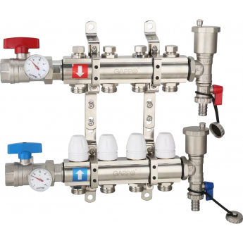 Коллектор регулируемый с запорными клапанами GAPPO G425.4 4-вых.x1"x3/4" Коллектор регулируемый с запорными клапанами GAPPO G425.4 4-вых.x1"x3/4"